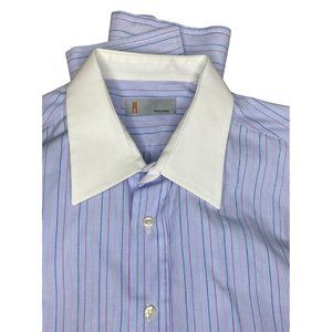 Missoni‎ Mens Long Sleeve Dress Shirt Blue White Stripe Contrast Collar 16.5/42